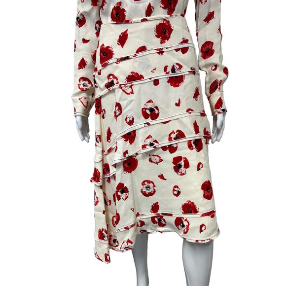 PROENZA SCHOULER Ivory Red Floral Print Top Layered Midi A-line Skirt Set Size 2 - Picture 4 of 5